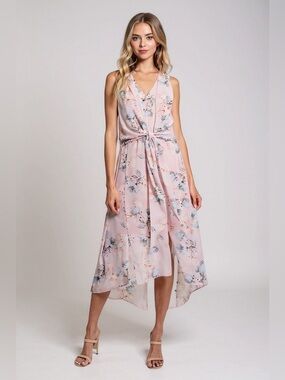 Pale Pink and Blue Floral Draped Tie Front Dress